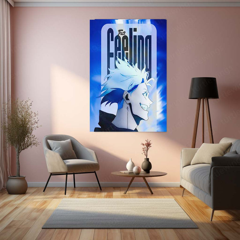 Anime Metal Poster | Satoru Gojo This Feeling Metal Poster | Jujutsu Kaisen Anime Wall Art | Blue Sorcerer Metal Print