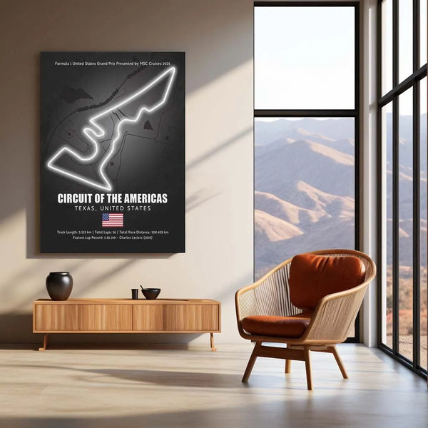 LED | 🇺🇸 Circuit of the Americas Neon LED Metal Poster – Glowing USA F1 Track Wall Art (COTA)