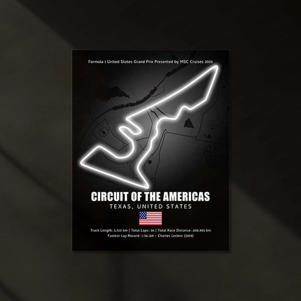 LED | 🇺🇸 Circuit of the Americas Neon LED Metal Poster – Glowing USA F1 Track Wall Art (COTA)