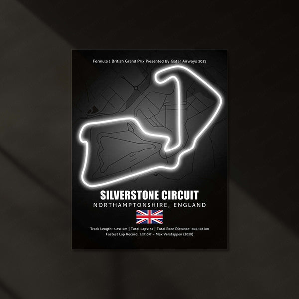 LED | 🇬🇧 Silverstone Circuit Neon LED Metal Poster – Glowing Home of British F1 Wall Art