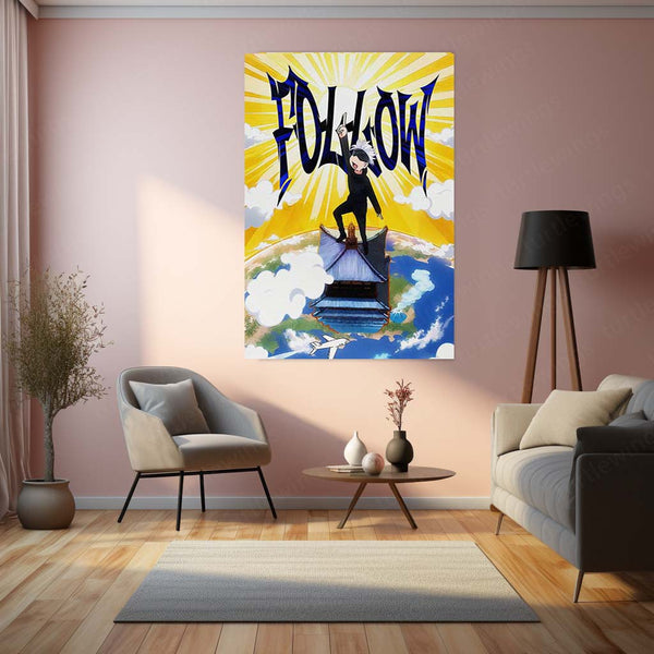Anime Metal Poster | Satoru Gojo Above All Metal Poster | Jujutsu Kaisen Anime Wall Art | Yellow Sky Motivational Metal Print