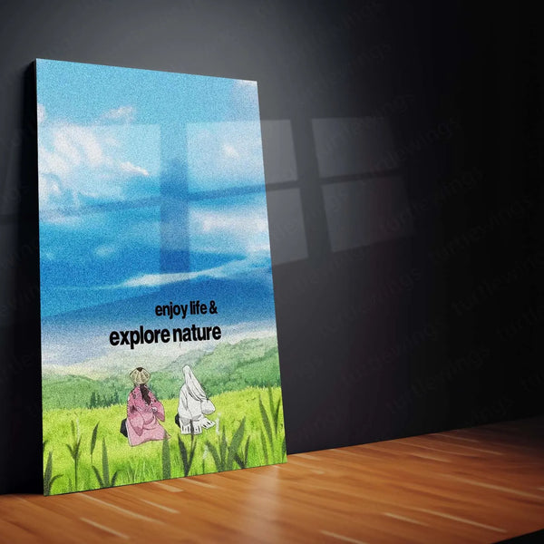 Quote Metal Poster | Jushiro Ukitake & Shunsui Kyoraku - “Enjoy Life & Explore Nature” Quote Metal Frame Wall Art | Minimal Anime Aesthetic Landscape Poster - TURTLEWINGS 