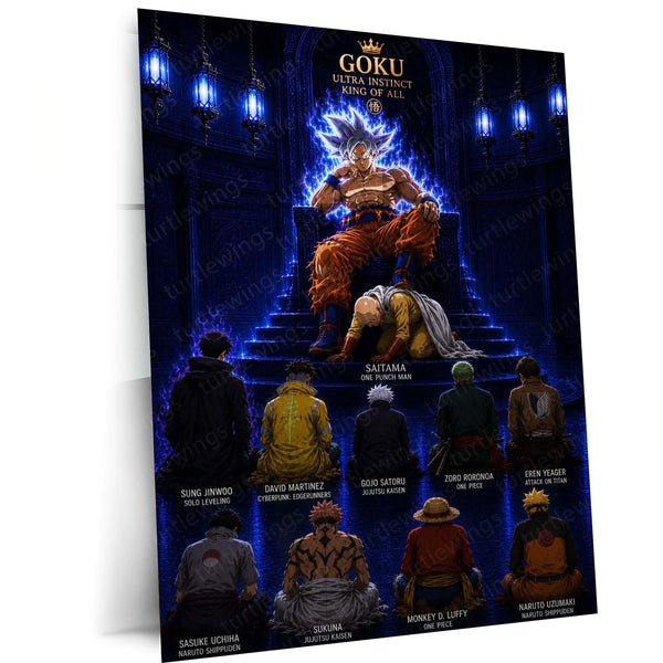 Anime Metal Poster | Goku Ultra Instinct King of All Metal Poster | Anime Legends Crossover Wall Art | Ultimate Warriors