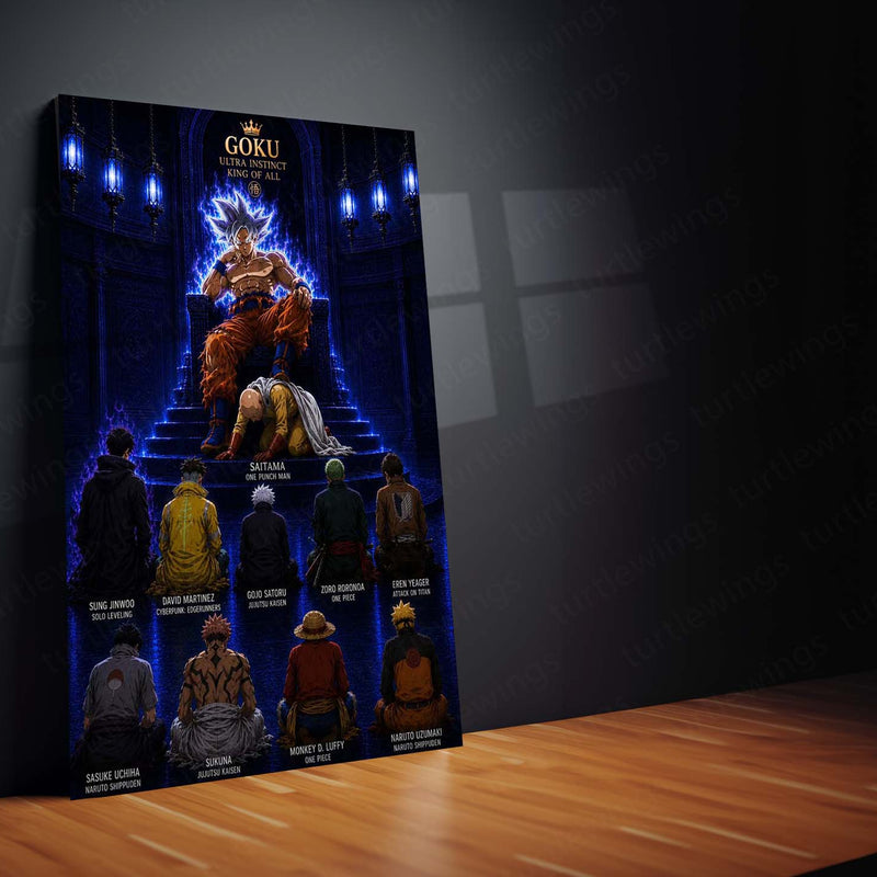 Anime Metal Poster | Goku Ultra Instinct King of All Metal Poster | Anime Legends Crossover Wall Art | Ultimate Warriors