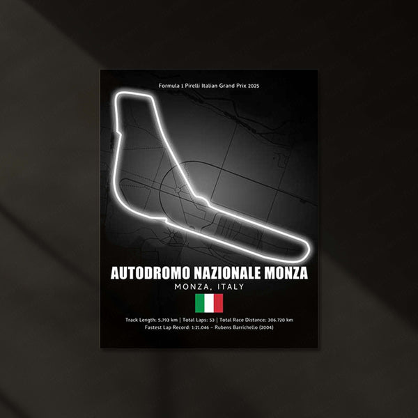 LED | 🇮🇹 Monza Circuit Neon LED Metal Poster – Glowing Temple of Speed Wall Art (Italy F1 Track)