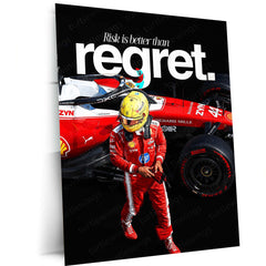 Lewis Hamilton Ferrari Metal Poster | Risk Is Better Than Regret Formula Racing Wall Art | Red Motorsport Metal Print – main