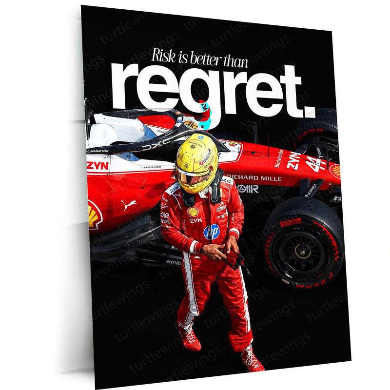 Lewis Hamilton Ferrari Metal Poster | Risk Is Better Than Regret Formula Racing Wall Art | Red Motorsport Metal Print – main