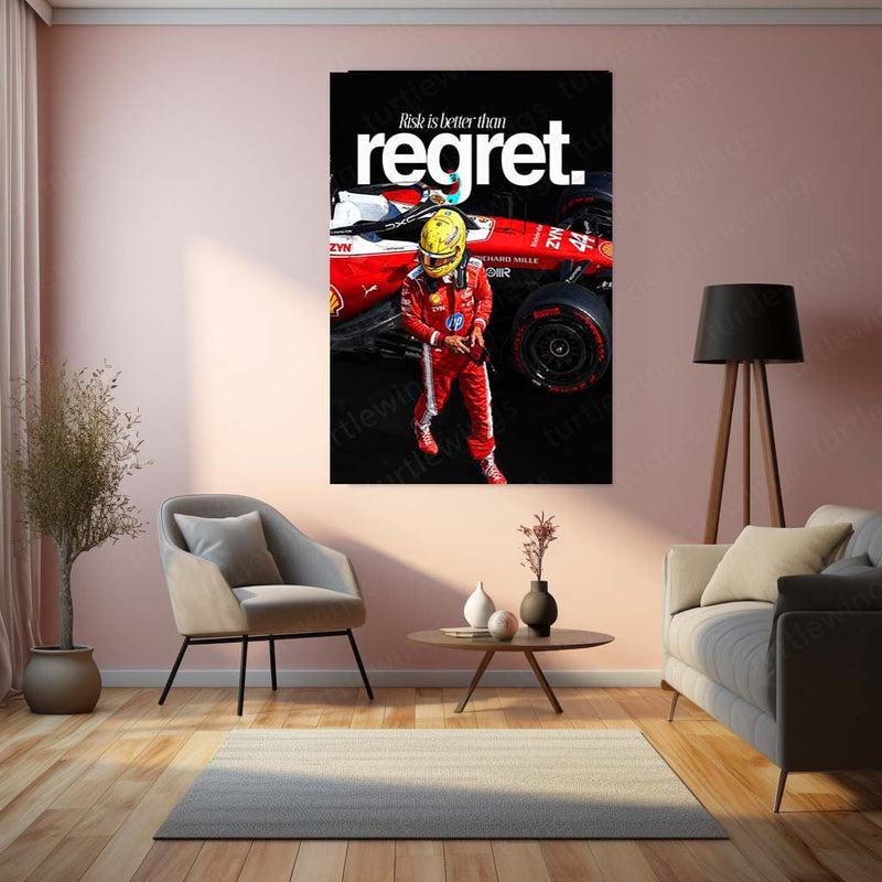Lewis Hamilton Ferrari Metal Poster | Risk Is Better Than Regret Formula Racing Wall Art | Red Motorsport Metal Print