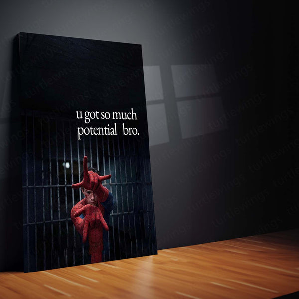 Spider-Man Potential Metal Poster | “You Got So Much Potential Bro” Motivational Wall Art | Dark Superhero Metal Print