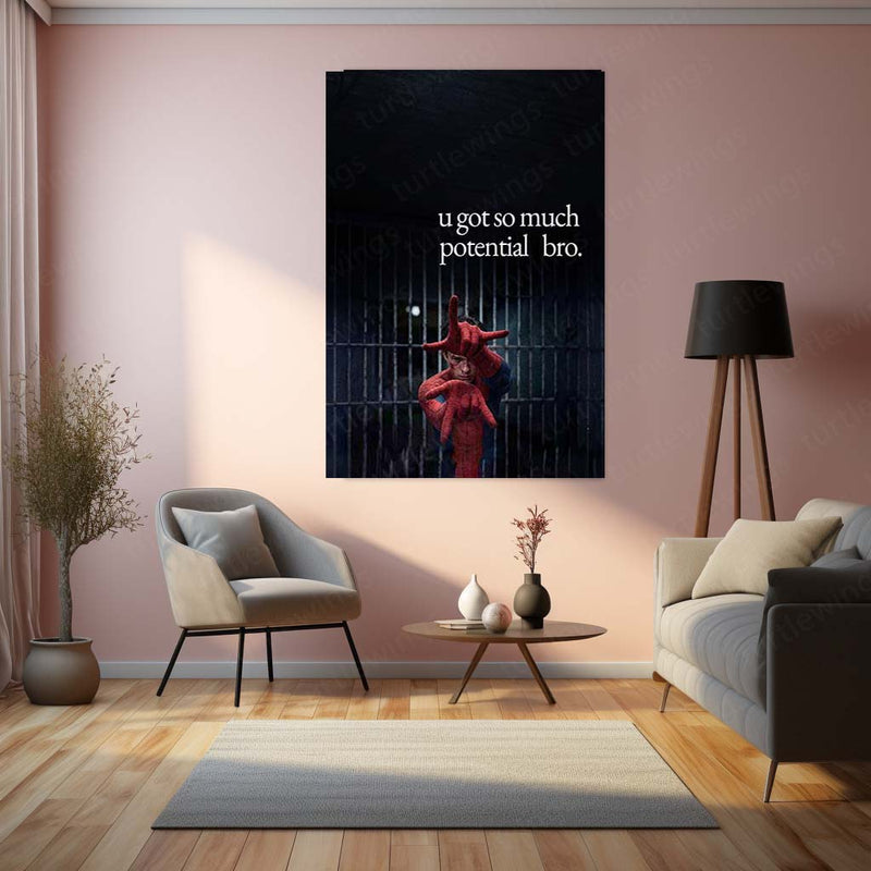 Spider-Man Potential Metal Poster | “You Got So Much Potential Bro” Motivational Wall Art | Dark Superhero Metal Print