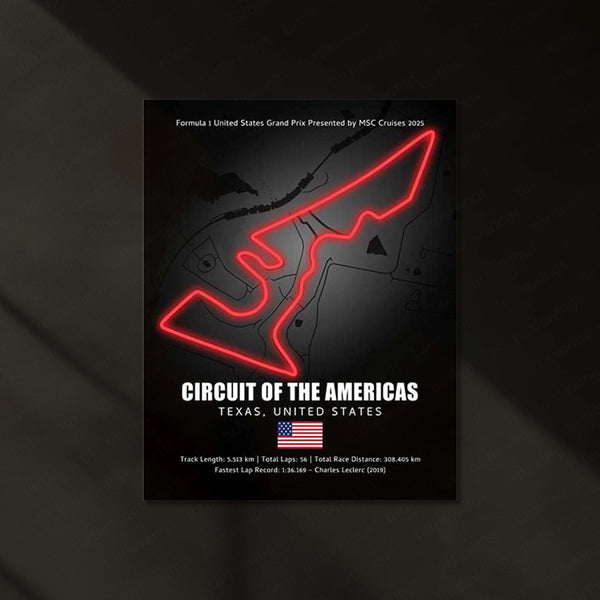 LED | 🇺🇸 Circuit of the Americas Neon LED Metal Poster – Glowing USA F1 Track Wall Art (COTA)