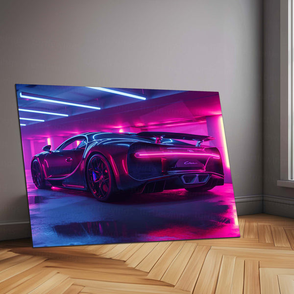 LED | Bugatti Chiron Rear Neon Parking Garage – LED Glow Poster | Luxury Car Metal Wall Art with Tail Light Effect - TURTLEWINGS 