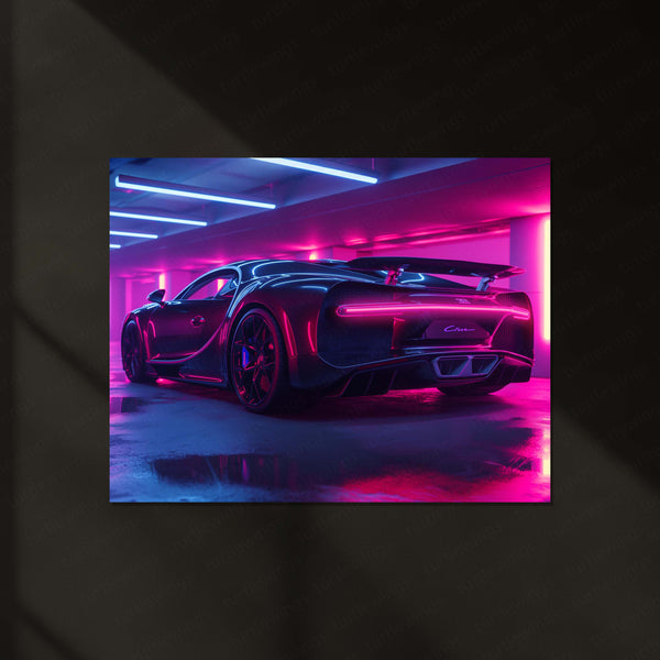 LED | Bugatti Chiron Rear Neon Parking Garage – LED Glow Poster | Luxury Car Metal Wall Art with Tail Light Effect - TURTLEWINGS 