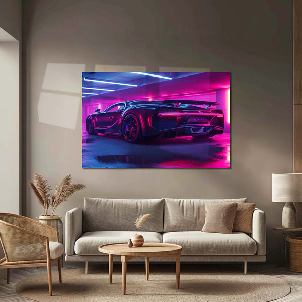 LED | Bugatti Chiron Rear Neon Parking Garage – LED Glow Poster | Luxury Car Metal Wall Art with Tail Light Effect - TURTLEWINGS 