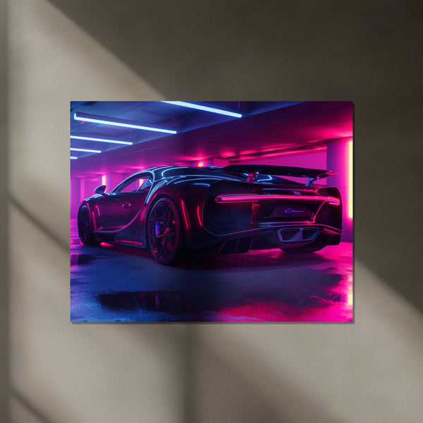 LED | Bugatti Chiron Rear Neon Parking Garage – LED Glow Poster | Luxury Car Metal Wall Art with Tail Light Effect - TURTLEWINGS 