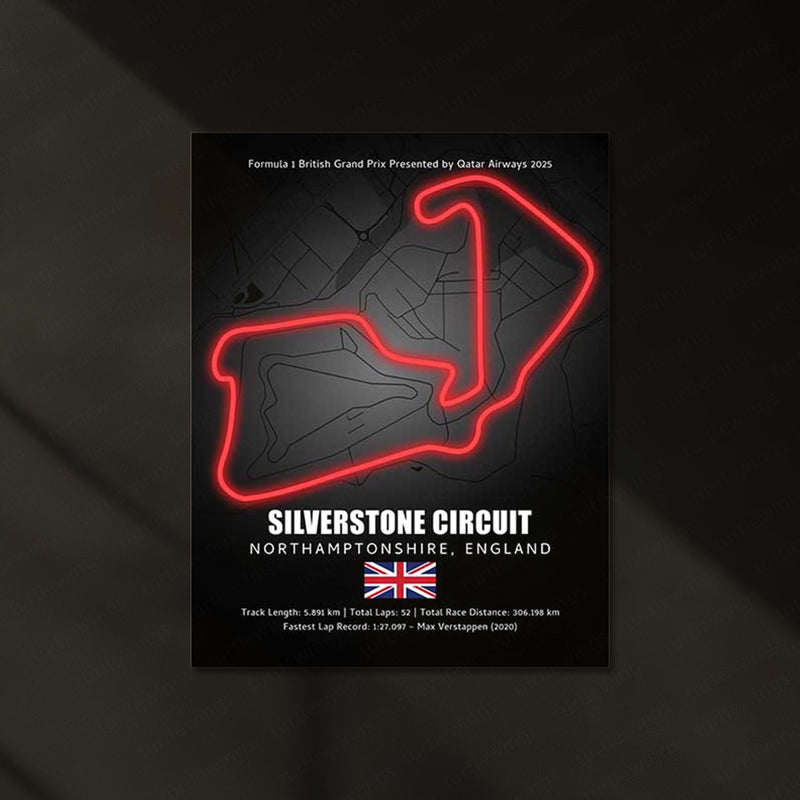 LED | 🇬🇧 Silverstone Circuit Neon LED Metal Poster – Glowing Home of British F1 Wall Art