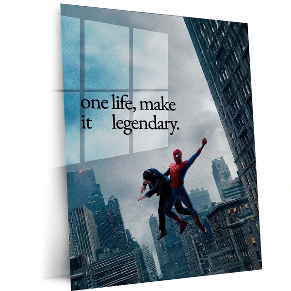 Spider-Man One Life Make It Legendary Metal Poster | Motivational Superhero Wall Art | Cityscape Metal Print – main product