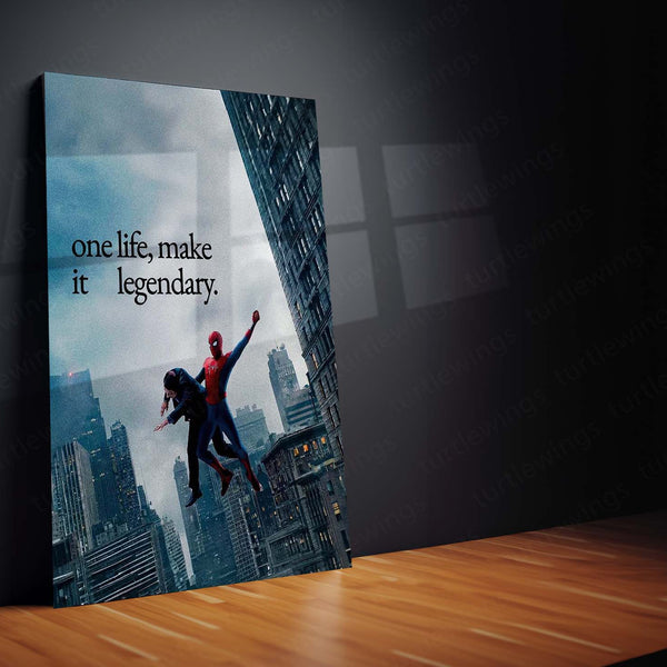 Spider-Man One Life Make It Legendary Metal Poster | Motivational Superhero Wall Art | Cityscape Metal Print – product image