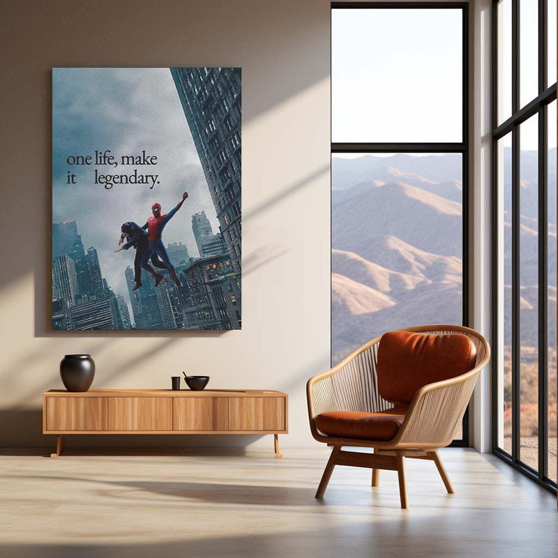 Spider-Man One Life Make It Legendary Metal Poster | Motivational Superhero Wall Art | Cityscape Metal Print – product image