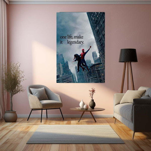 Spider-Man One Life Make It Legendary Metal Poster | Motivational Superhero Wall Art | Cityscape Metal Print – product image