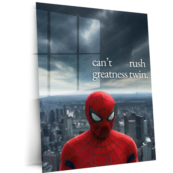 Spider-Man Can’t Rush Greatness Metal Poster | Superhero Motivational Quote Wall Art | Dark City Metal Print – main product