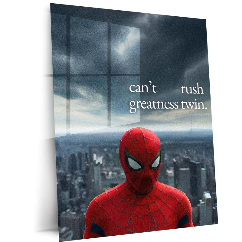 Spider-Man Can’t Rush Greatness Metal Poster | Superhero Motivational Quote Wall Art | Dark City Metal Print – main product
