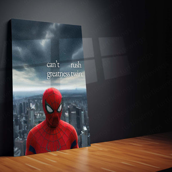Spider-Man Can’t Rush Greatness Metal Poster | Superhero Motivational Quote Wall Art | Dark City Metal Print – product image