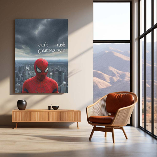 Spider-Man Can’t Rush Greatness Metal Poster | Superhero Motivational Quote Wall Art | Dark City Metal Print – product image