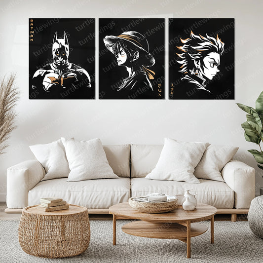Anime Metal Poster | Batman, Luffy & Tanjiro Metal Poster Set – Iconic Heroes Wall Art Collection