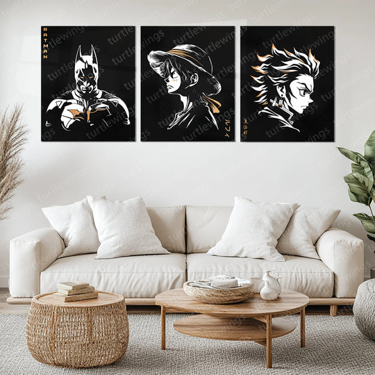 Anime Metal Poster | Batman, Luffy & Tanjiro Metal Poster Set – Iconic Heroes Wall Art Collection