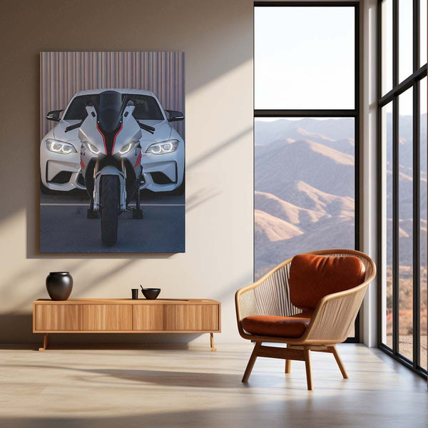 BMW S1000RR x M2 – Metal Frame | Superbike Meets Supercar Wall Poster | Dual Power Art