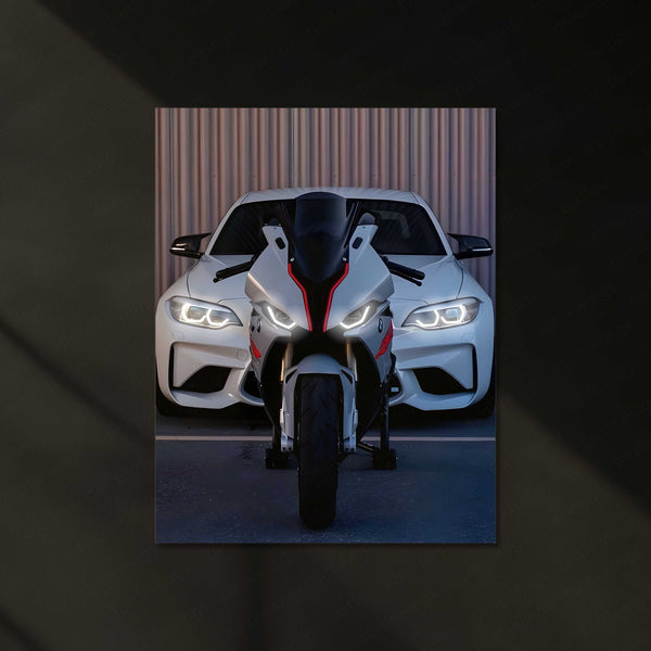BMW S1000RR x M2 – Metal Frame | Superbike Meets Supercar Wall Poster | Dual Power Art