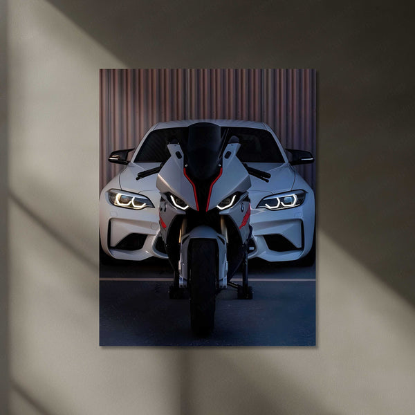 BMW S1000RR x M2 – Metal Frame | Superbike Meets Supercar Wall Poster | Dual Power Art