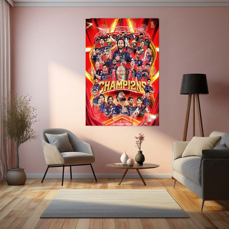 RCB Champion Celebration Metal Poster | IPL 2026 Trophy Winning Cricket Wall Art for Fans