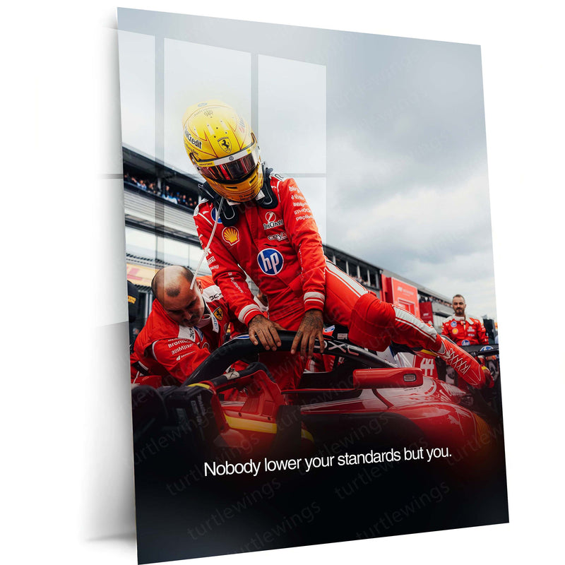 Lewis Hamilton Ferrari F1 Metal Poster | Nobody Lower Your Standards But You Motivational Racing Wall Art | Formula