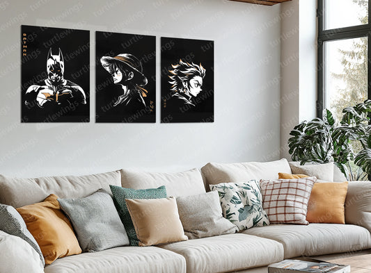 Anime Metal Poster | Batman, Luffy & Tanjiro Metal Poster Set – Iconic Heroes Wall Art Collection