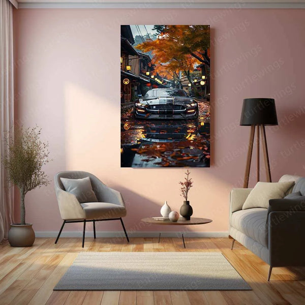 Mustang Car & Nature Metal Poster | Classic Muscle Car Scenic Wall Art | Automotive Aesthetic Decor - TURTLEWINGS 