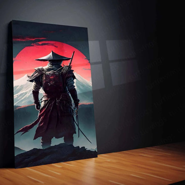 Red Moon Samurai Metal Poster | Japanese Warrior Wall Art | Edo Era Aesthetic Decor - TURTLEWINGS 