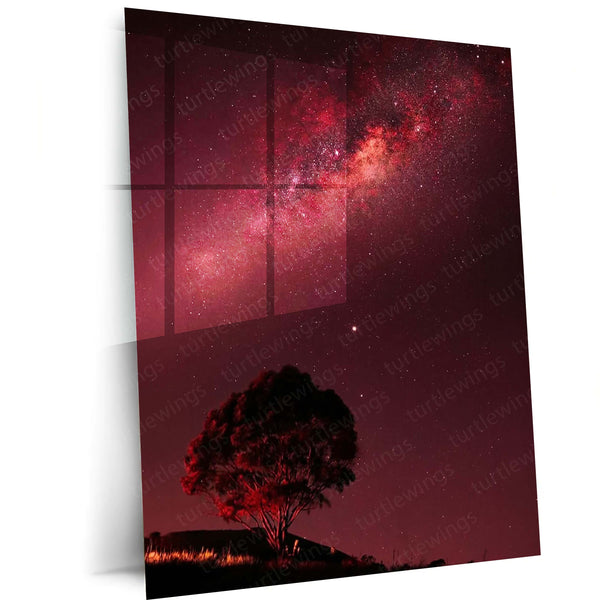 Red Milky Way Tree Metal Print | Crimson Galaxy Night Sky Wall Art | Premium Nature Metal Poster – main product image