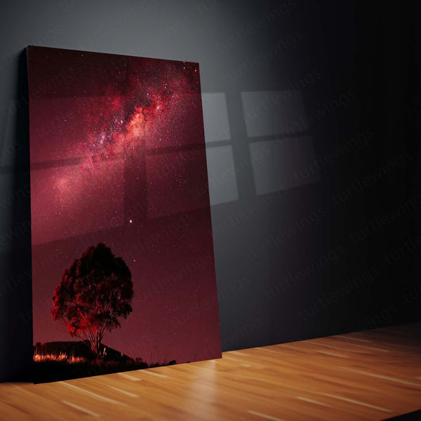 Red Milky Way Tree Metal Print | Crimson Galaxy Night Sky Wall Art | Premium Nature Metal Poster – product image 2