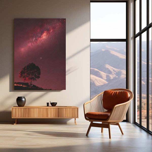 Red Milky Way Tree Metal Print | Crimson Galaxy Night Sky Wall Art | Premium Nature Metal Poster – product image 3