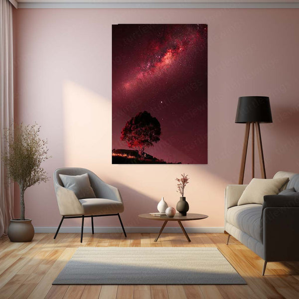 Red Milky Way Tree Metal Print | Crimson Galaxy Night Sky Wall Art | Premium Nature Metal Poster – product image 4