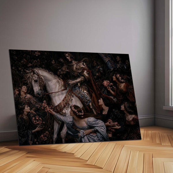 Medieval Knight on White Horse Metal Poster | Dark Renaissance Fantasy Wall Art | Gothic Royal Warrior Metal Print – main