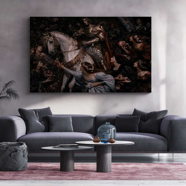 Medieval Knight on White Horse Metal Poster | Dark Renaissance Fantasy Wall Art | Gothic Royal Warrior Metal Print – product