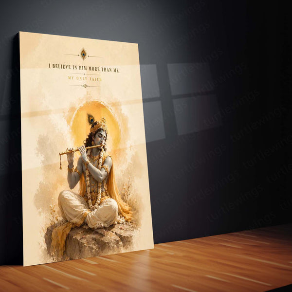 Spiritual Metal Poster | Lord Krishna Flute Metal Poster | I Believe in Him More Than Me Spiritual Wall Art | Devotional