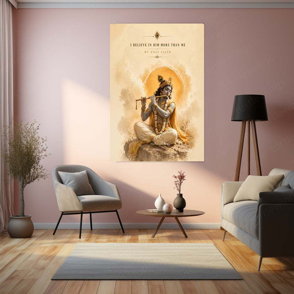 Spiritual Metal Poster | Lord Krishna Flute Metal Poster | I Believe in Him More Than Me Spiritual Wall Art | Devotional