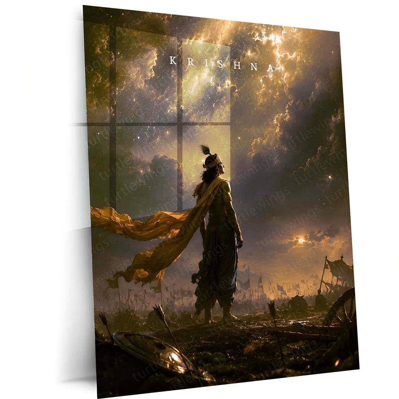 Spiritual Metal Poster | Lord Krishna Divine Warrior Metal Poster | Mahabharata Battlefield Spiritual Wall Art | Krishna