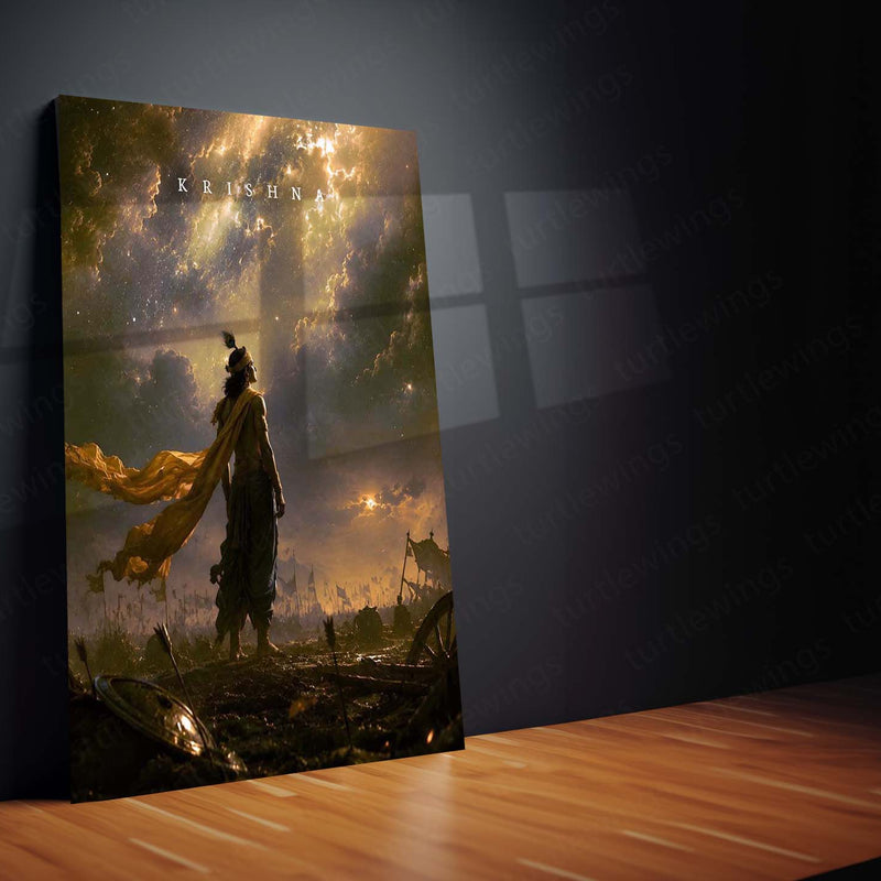 Spiritual Metal Poster | Lord Krishna Divine Warrior Metal Poster | Mahabharata Battlefield Spiritual Wall Art | Krishna