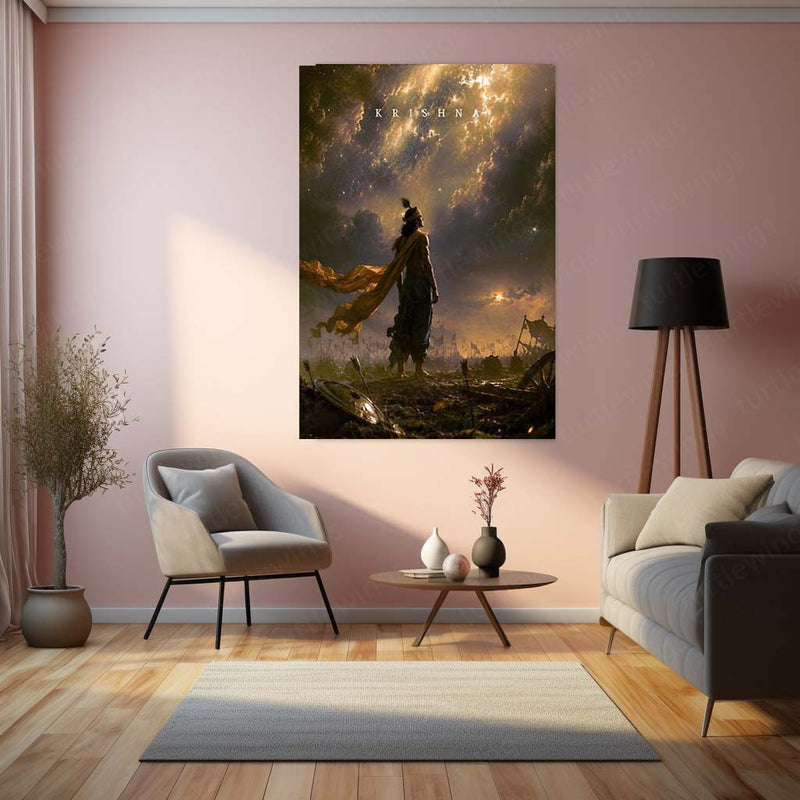 Spiritual Metal Poster | Lord Krishna Divine Warrior Metal Poster | Mahabharata Battlefield Spiritual Wall Art | Krishna