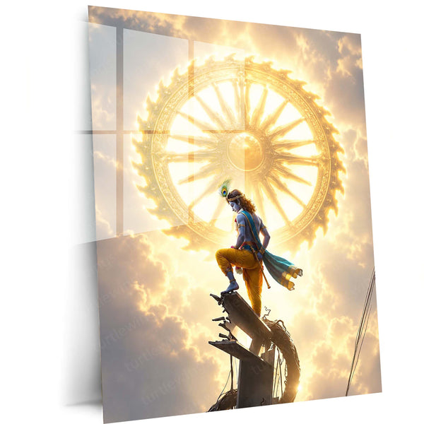 Spiritual Metal Poster | Lord Krishna Sudarshan Chakra Metal Poster | Divine Vishnu Avatar Spiritual Wall Art | Krishna